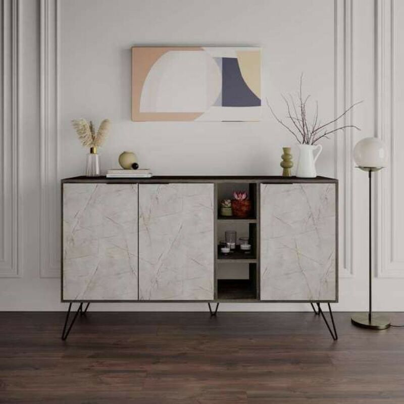 foto del prodotto toscohome madia con 3 ante 142 cm effetto marmo bianco e struttura dark coffe clara