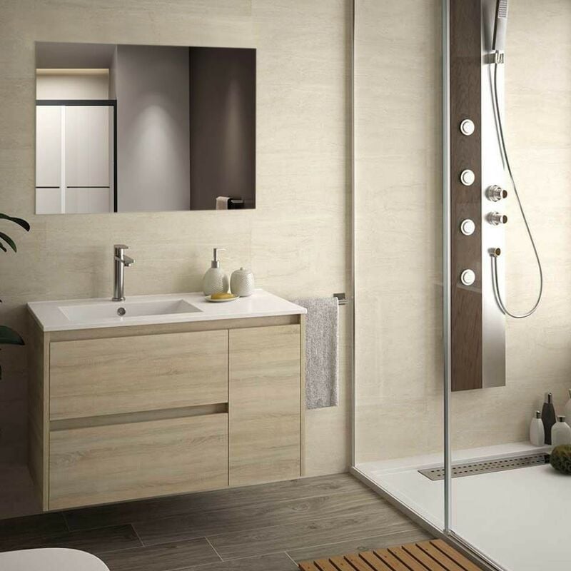 foto del prodotto toscohome mobile bagno sospeso 90 cm colore rovere con lavabo e specchio resia