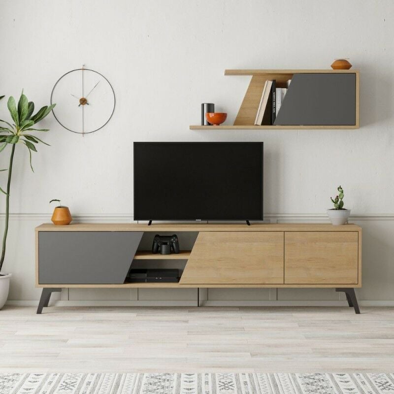 foto del prodotto toscohome mobile porta tv 180cm con mensola a parete colore rovere e antracite fiona