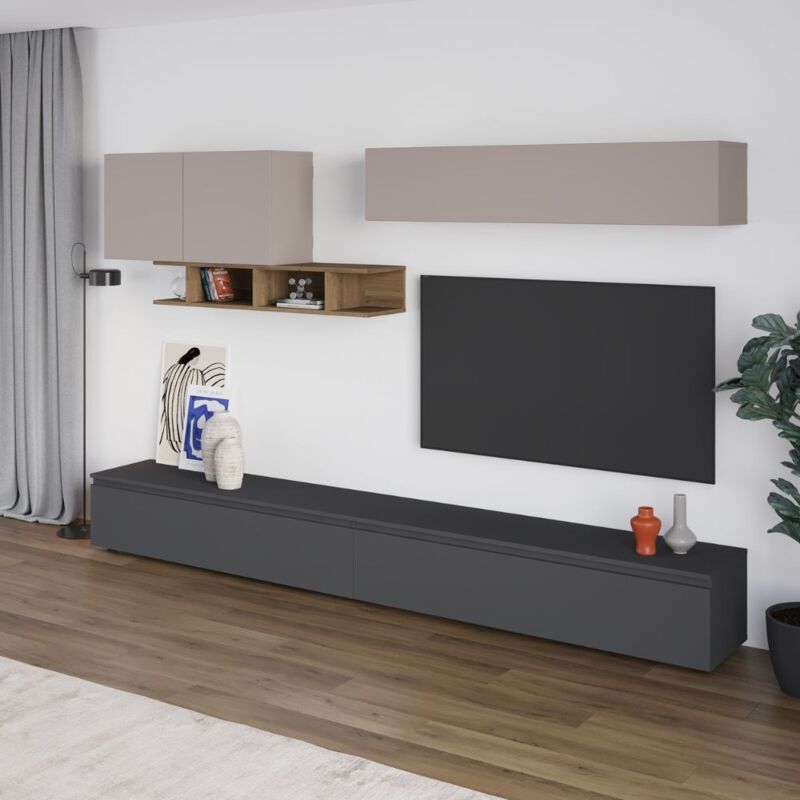 foto del prodotto toscohome parete attrezzata colore antracite e tortora con particolari noce 300 cm monica