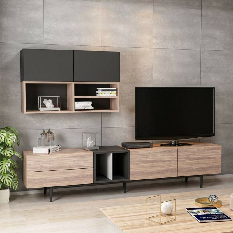 foto del prodotto toscohome parete attrezzata con ante e vani colore rovere e antracite 195 cm diany