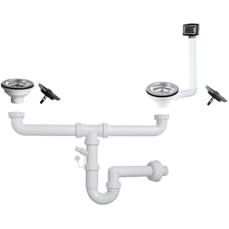foto del prodotto toscohome sifone per lavello in quarzo a 2 vie attacco 1 1 2 con pilettone eco e troppopieno rettangolare griglia inox sifonequa