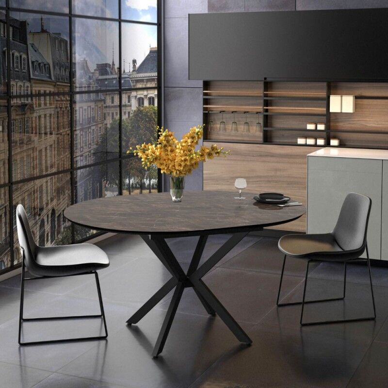 foto del prodotto toscohome tavolo rotondo allungabile con piano effetto marmo brown lucido e gambe nere 126 cm bagok