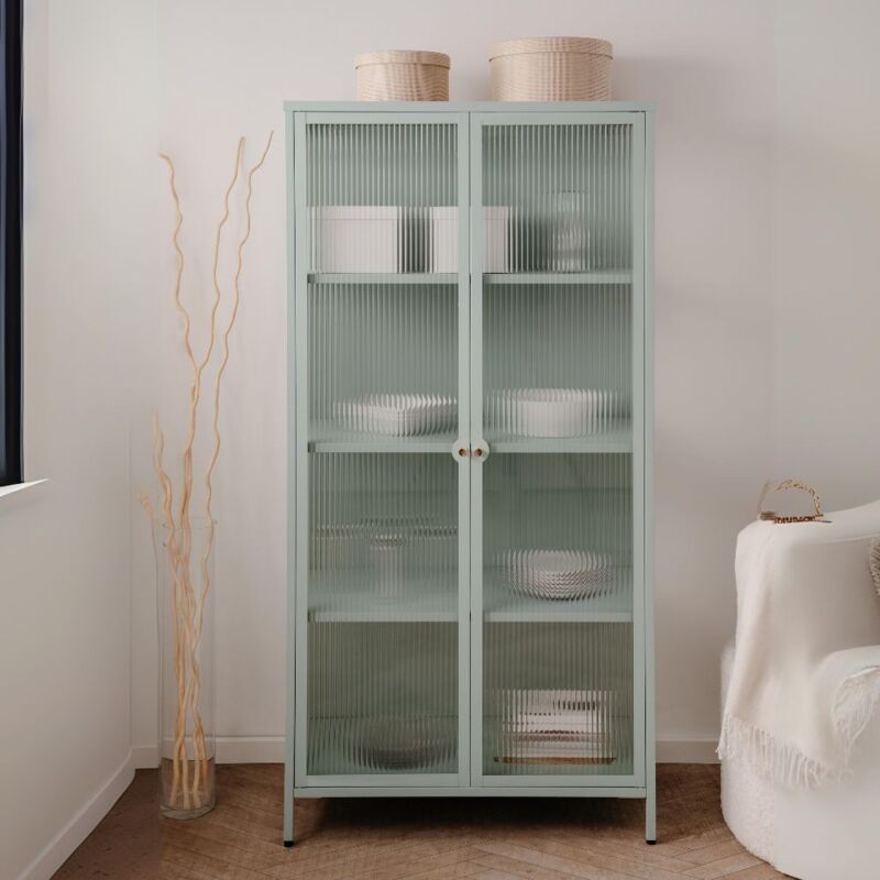 foto del prodotto toscohome vetrina 2 ante in vetro scanalato temperato e acciaio laminato verde menta 80x160h cm menny