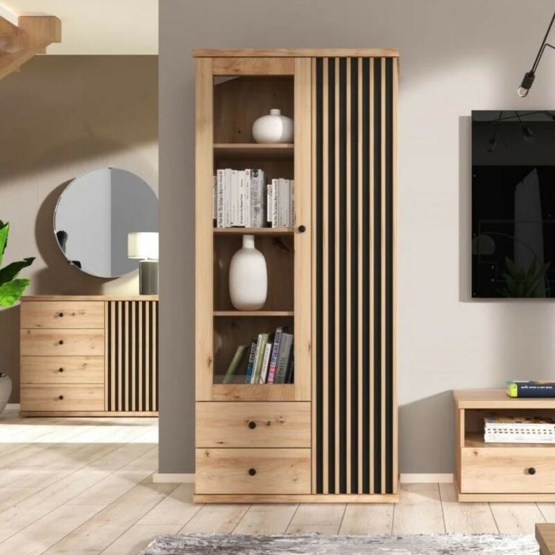 foto del prodotto toscohome vetrina 92x198h cm con 2 ante e 2 cassetti colore rovere e antracite medan52a