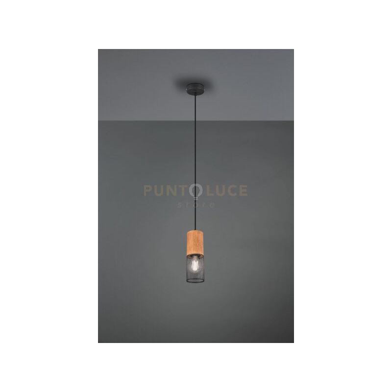 foto del prodotto tosh sospensione cilindro gabbia metallo nero opaco e legno d. 10cm 1 luce attacco e27