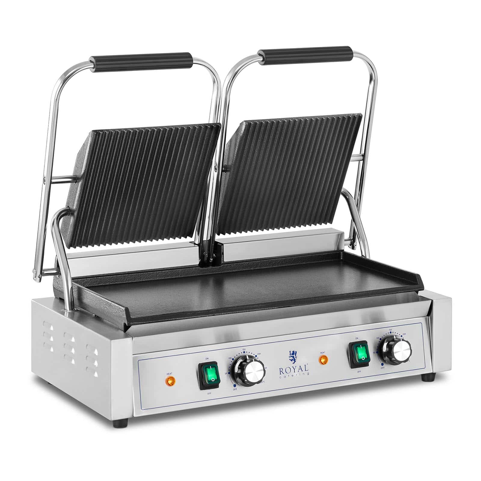 foto del prodotto tostiera doppia rigata liscia per panini 3600 watt 50 300 c con raccogligrasso in acciaio inox professionale in ghisa 14 0004005