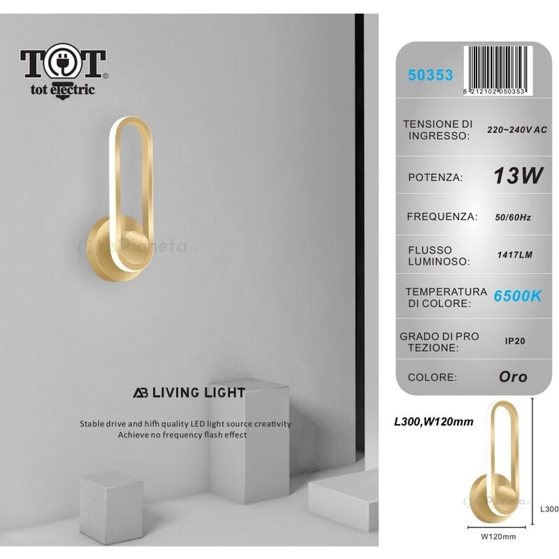 foto del prodotto tot electric applique da parete led 13w ovale verticale orientabile bianco oro moderno lampada luce fredda naturale oro luce fredda