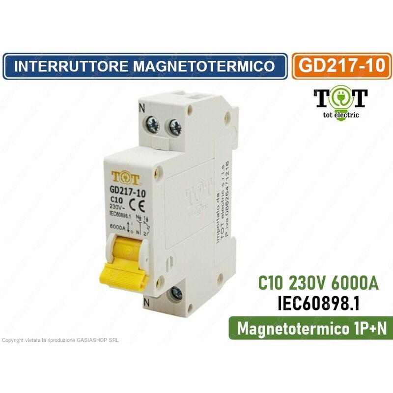 foto del prodotto tot electric interruttore megnetotermico per barra din 1 modulo 1p n 230v curva c 6ka 10a