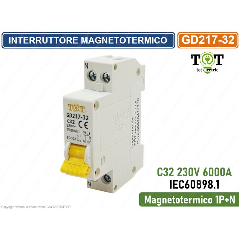 foto del prodotto tot electric interruttore megnetotermico per barra din 1 modulo 1p n 230v curva c 6ka 32a