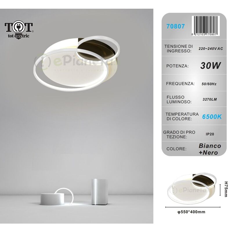 foto del prodotto tot electric plafoniera led 30w 3 cerchi bianco lampadario da soffitto tonda moderno luce fredda naturale bianco freddo