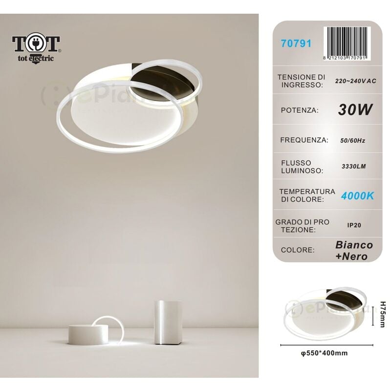 foto del prodotto tot electric plafoniera led 30w 3 cerchi bianco lampadario da soffitto tonda moderno luce fredda naturale naturale