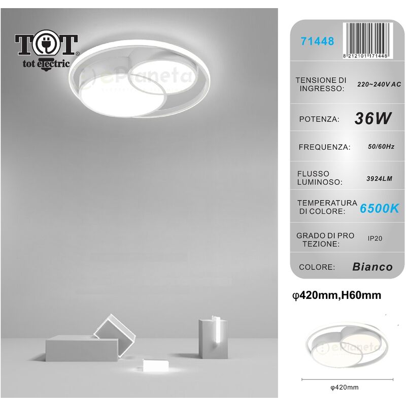 foto del prodotto tot electric plafoniera led 36w cerchio bianco design moderno lampadario da soffitto tonda luce fredda naturale bianco freddo