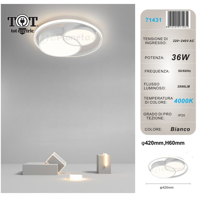 foto del prodotto tot electric plafoniera led 36w cerchio bianco design moderno lampadario da soffitto tonda luce fredda naturale naturale