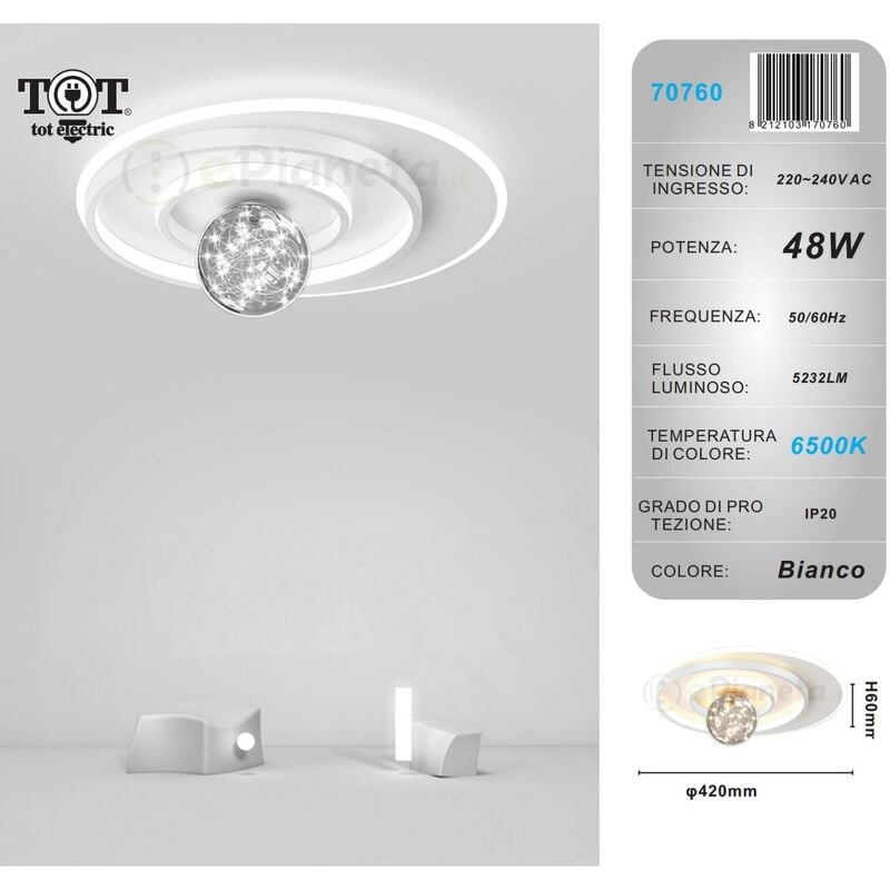 foto del prodotto tot electric plafoniera led 48w cerchio spirale bianco con sfera lampadario da soffitto design moderno tondo luce fredda
