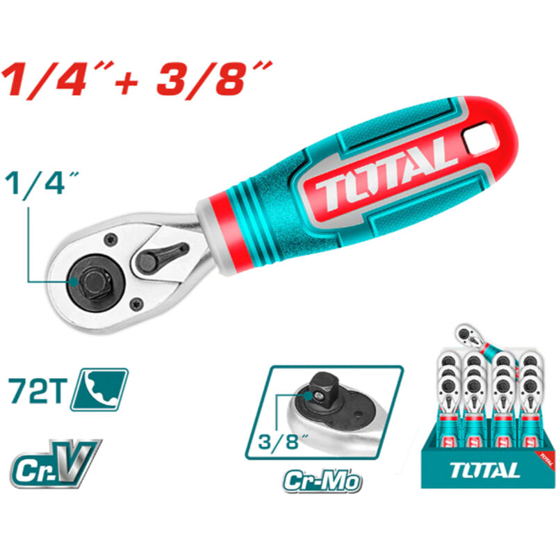foto del prodotto total chiave a cricchetto con attacco doppio 1 4 3 8 72t lunghezza 140mm