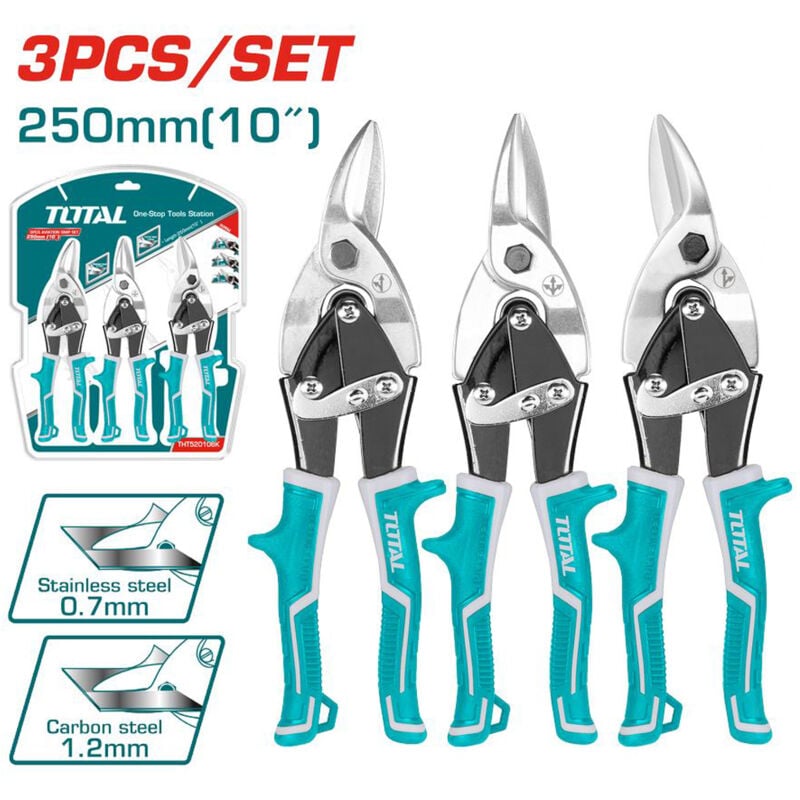 foto del prodotto total set 3pz forbici cesoie taglia lamiera acciaio ferro 250mm dritto sx e dx