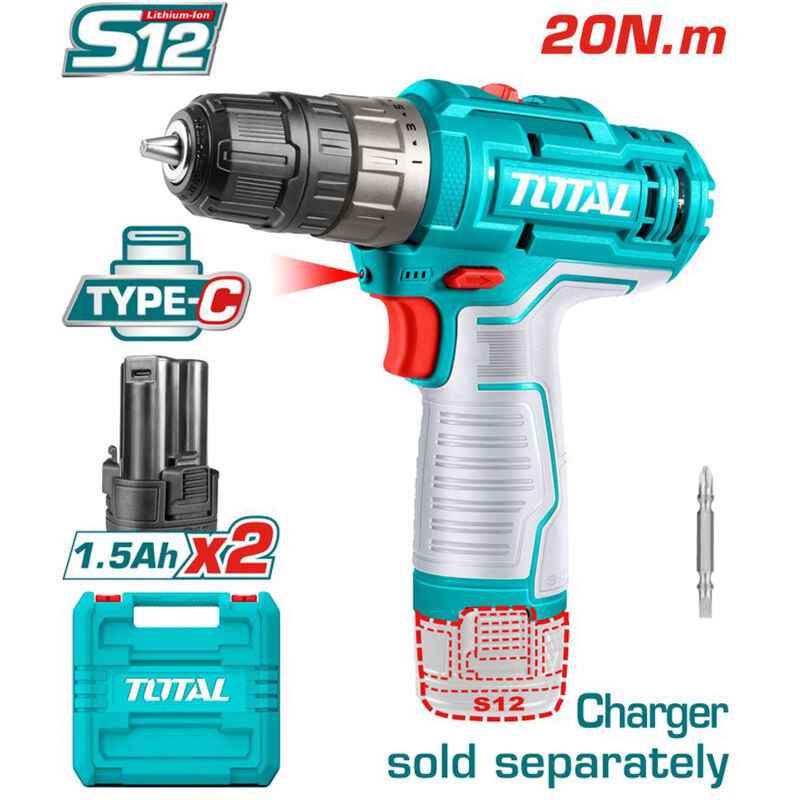 foto del prodotto total trapano avvitatore a batteria 12 v 20 nm 2 batterie 1,5ah type c