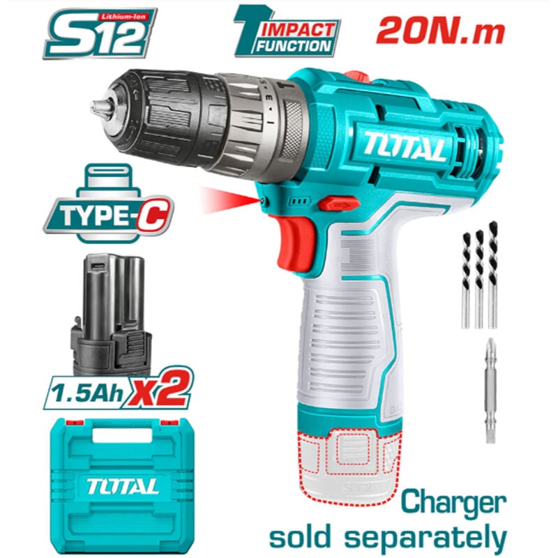 foto del prodotto total trapano avvitatore percussione batteria 12v 20nm 2 batterie 1,5ah type c