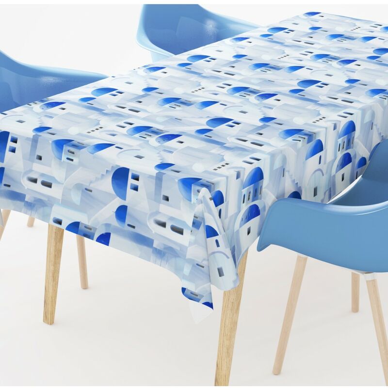 foto del prodotto tovaglia in cotone disegno santorini blu made in italy cm. 140x140 x4 persone
