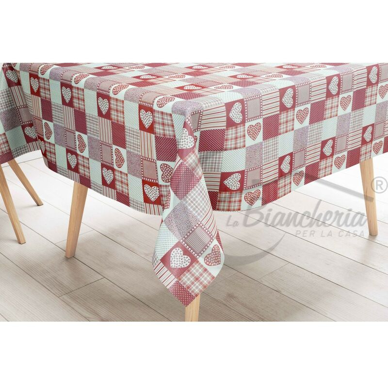 foto del prodotto tovaglia lima in tela cerata plastificata lavabile idrorepellente in pvc cuore rosso made in italy cm. 140x180 x6 persone