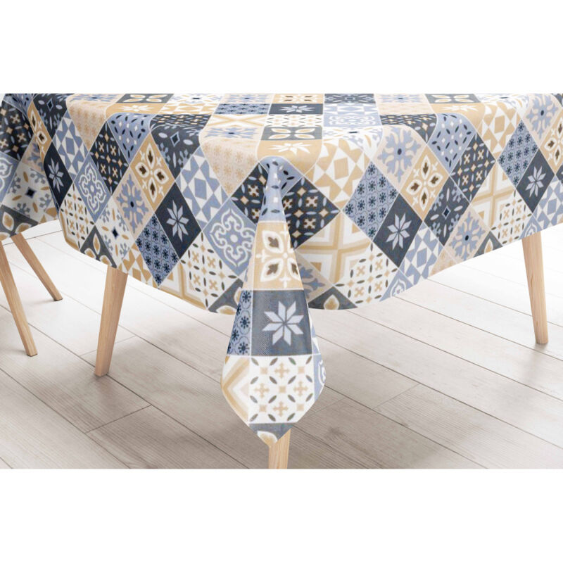foto del prodotto tovaglia lima in tela cerata plastificata lavabile idrorepellente in pvc maioliche azzurre made in italy cm. 140x220 x8 persone