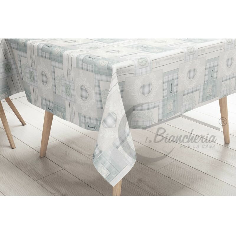 foto del prodotto tovaglia lima in tela cerata plastificata lavabile idrorepellente in pvc tirolese shabby cuore grigio made in italy cm. 140x180 x6 persone