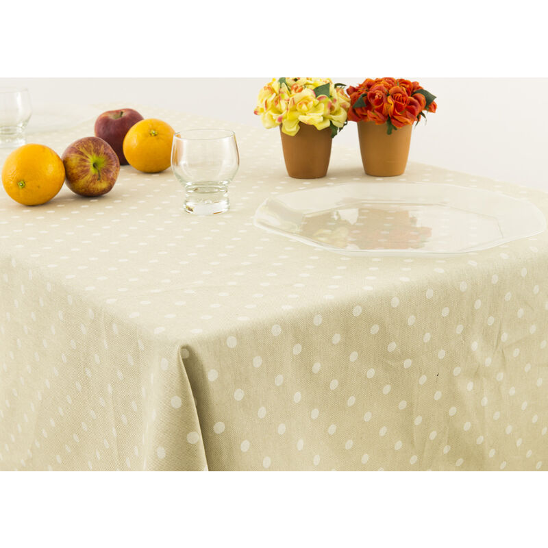 foto del prodotto tovaglia miros resinata antimacchia copritavolo cucina disegno pois beige, misura140x140colorebeige