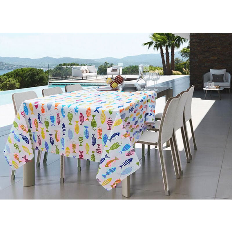 foto del prodotto tovaglia per salotto cucina tavolo in cotone made in italy 100 cotone fish color rp, misura50x150colorefish color