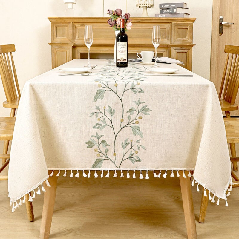 foto del prodotto tovaglia rettangolare beige antimacchia lavabile tovaglia nappe in cotone e lino con ricamo di foglie verdi e frange, tovaglia impermeabile per