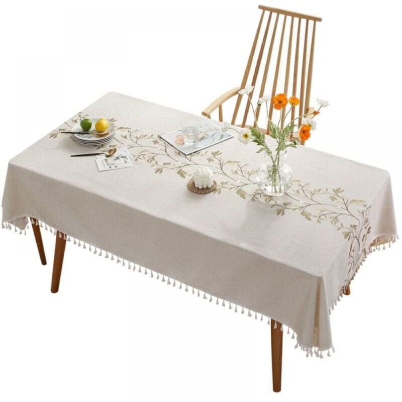 foto del prodotto tovaglia rettangolare in cotone e lino 140 x 200 cm lavabile antimacchia con nappe per cucina, sala da pranzo, picnic, esterno, giardino