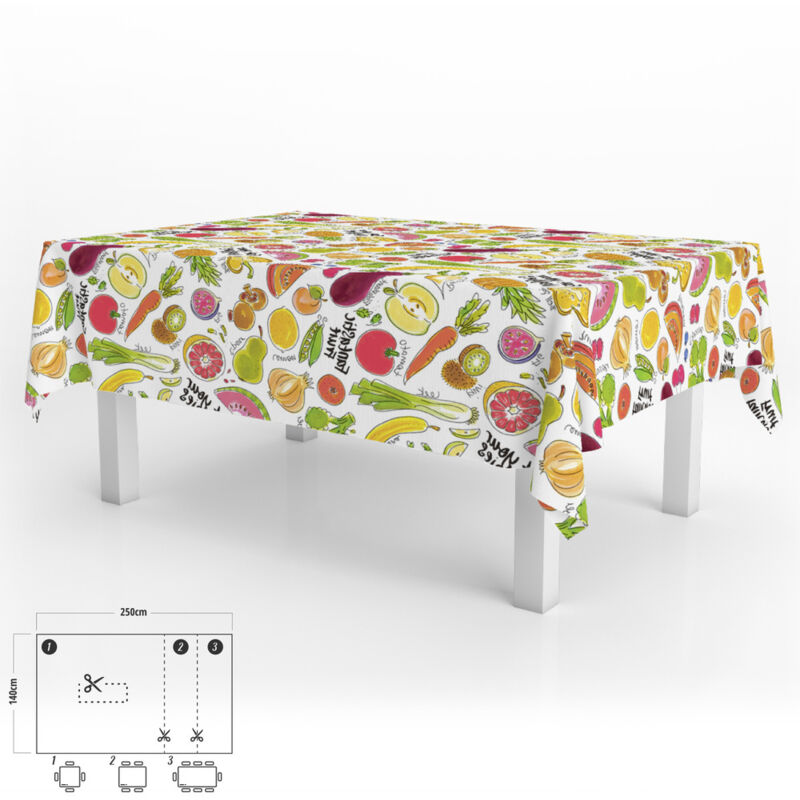 foto del prodotto tovaglia rettangolare in gomma fantasia frutta impermeabile antimacchia pvc 140x250 cm. tagliabile per uso interno ed esterno oryx