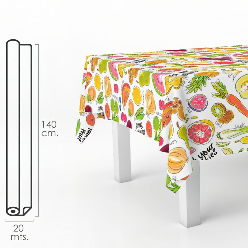 foto del prodotto tovaglia rettangolare in gomma fantasia frutta. impermeabile in pvc antimacchia 140 cm. x 20 metri. rotolo tagliabile. per interni ed esterni - oryx