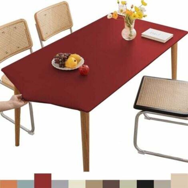 foto del prodotto tovaglia rettangolare in pelle con angoli, tovaglia con bordo elastico, copritavolo lavabile per esterni, patio, cucina e sala da pranzo, rosso vino,