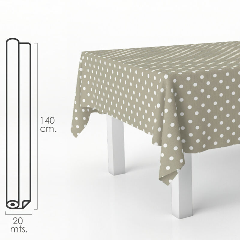 foto del prodotto tovaglia rettangolare tovaglia rettangolare a pois beige. pvc impermeabile antimacchia 140 cm. x 20 metri. rotolo tagliato su misura. per interni ed