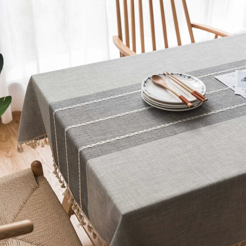 foto del prodotto tovaglia rettangolare ymyny in cotone e lino, impermeabile, antimacchia, con pizzo ricamato e frange, per tavolo da pranzo, tavolino, soggiorno, giardino, picnic, a righe, 140x200 cm