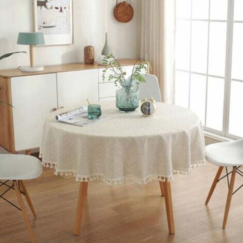 foto del prodotto tovaglia rotonda da 120 cm, copritavolo lavabile in cotone e lino, antimacchia, con nappe, per compleanni, matrimoni, sala da pranzo, tavolini da