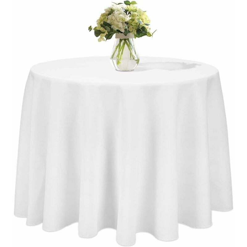 foto del prodotto tovaglia rotonda da 230 cm bianca, in poliestere antipiega e antimacchia, decorazione da tavolo per ricevimenti, compleanni, banchetti, riunioni,