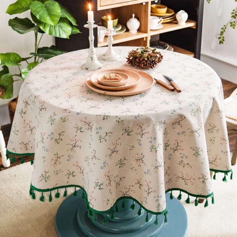 foto del prodotto tovaglia rotonda in cotone e lino stampa floreale nappa lavabile tovaglia rotonda tovaglia rotonda antimacchia decorazione tavolo da pranzo soggiorno