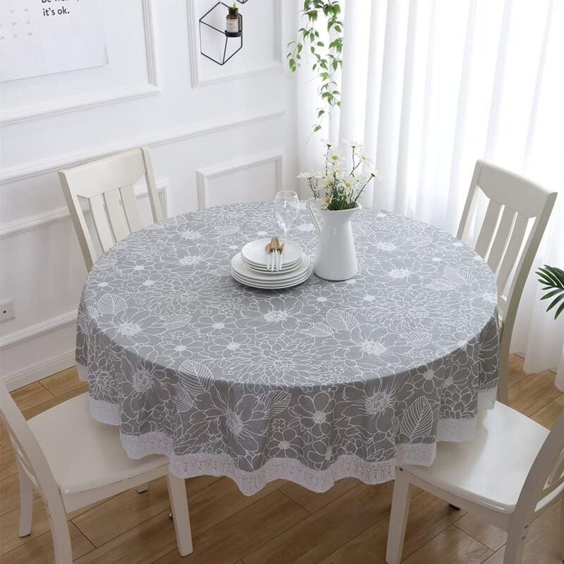 foto del prodotto tovaglia rotonda in linoleum in pvc con motivo floreale in pizzo, tovaglia rotonda impermeabile e antimacchia per sala da pranzo, tovaglia in