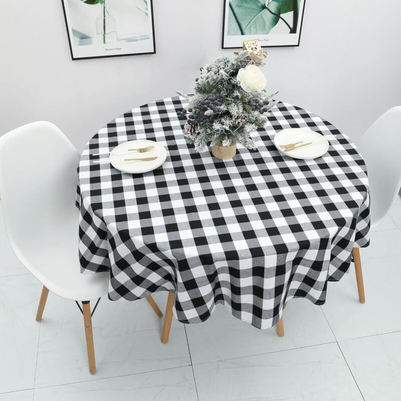 foto del prodotto tovaglia, tovaglia scozzese rotonda da 140 cm adatta per tavolo da ricevimento di nozze cucina ristorante tovaglietta rotonda bianca e nera adatta