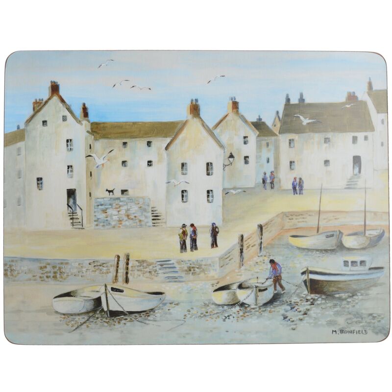 foto del prodotto tovagliette con retro in sughero con motivo cornish harbour, colore blu, 6 pezzi creative tops
