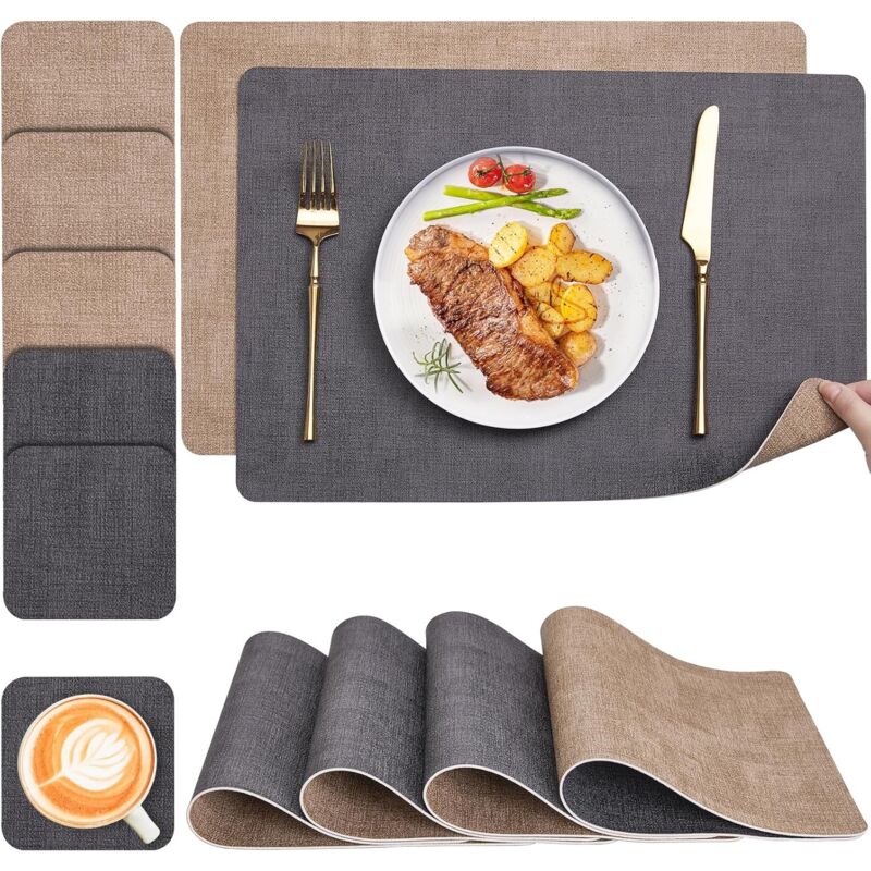 foto del prodotto tovagliette e sottobicchieri, tovagliette in pelle bicolore lavabili a doppia faccia, tovagliette antiscivolo facili da pulire, set di 6 tovagliette