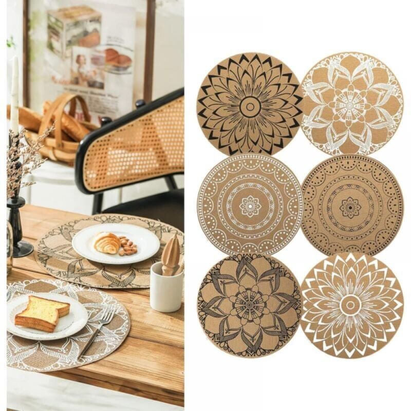 foto del prodotto tovagliette rotonde con stampa boh mien, tovagliette intrecciate in pvc, set da 6 tovagliette lavabili, resistenti al calore, antiscivolo, per