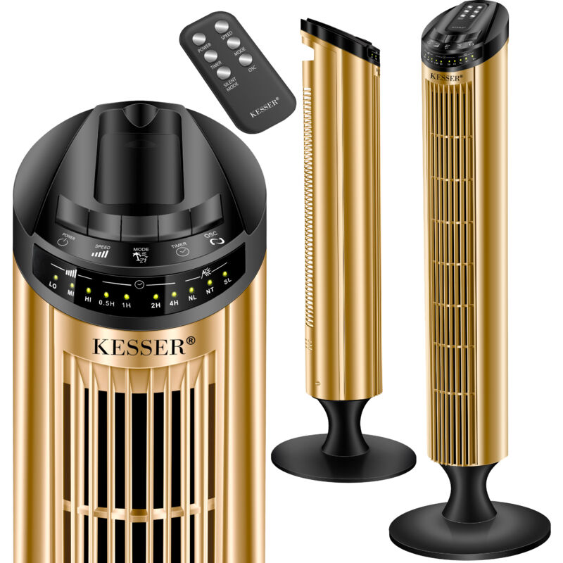 foto del prodotto tower fan ventilatore a controllo remoto display a led ventilatore a piedistallo climatizzatore nero oro kesser