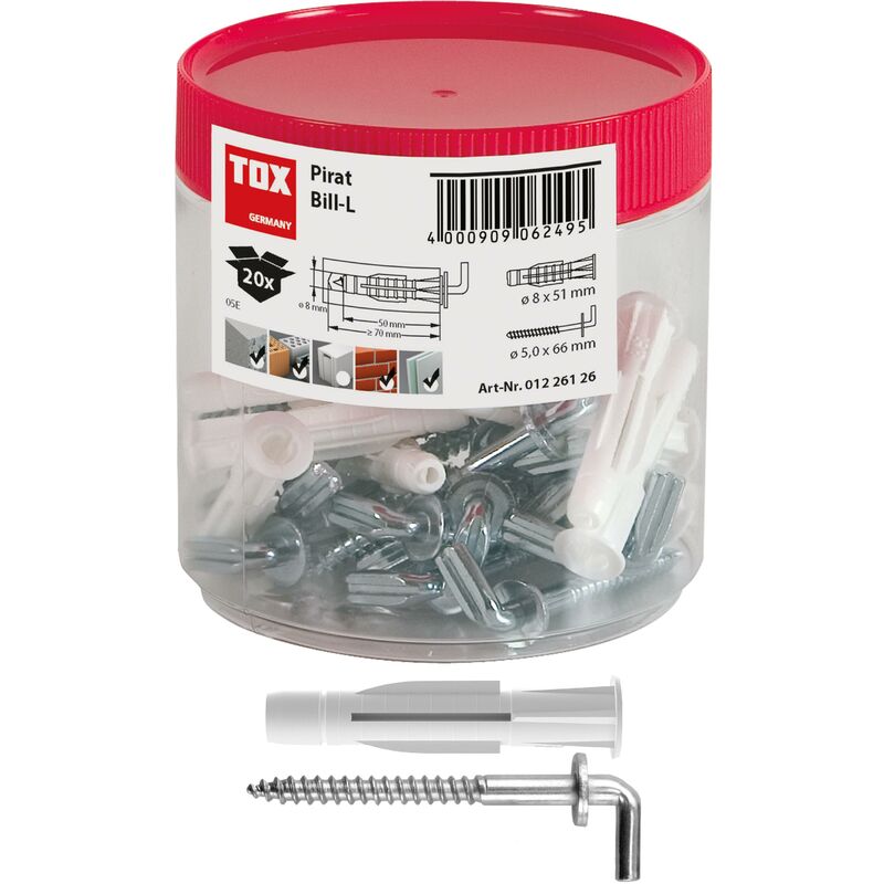 foto del prodotto tox tassello a gancio pirat bill l con tassello universale trika in scatola rotonda