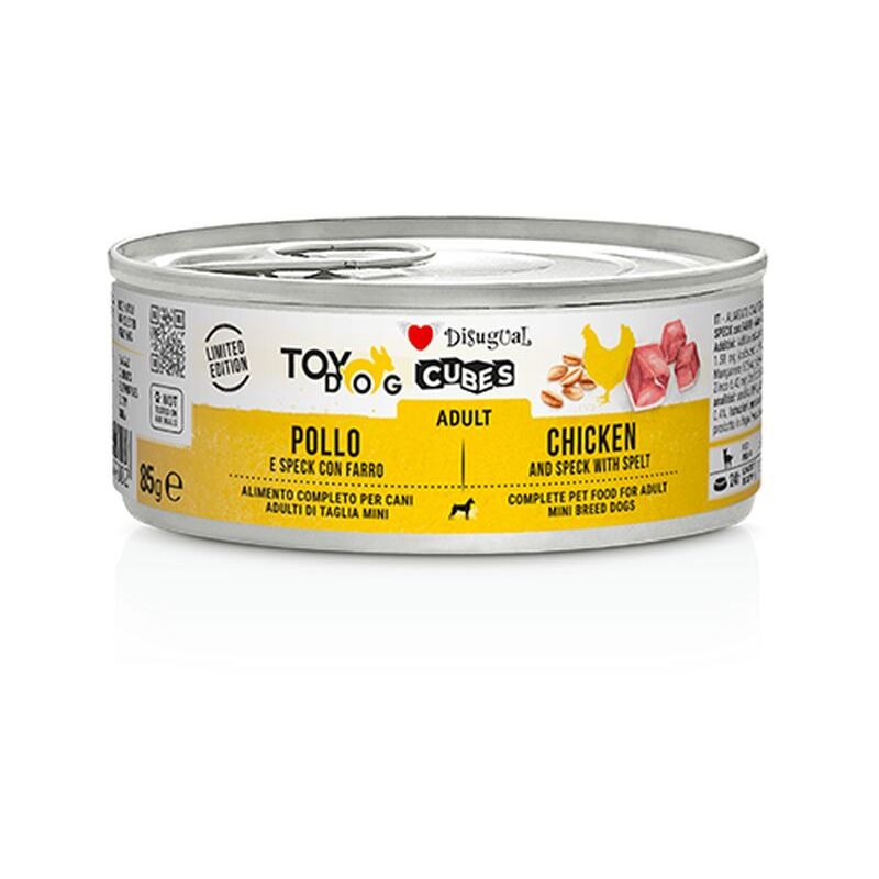 foto del prodotto toydog cubes lattina 85gr pollo e speck con farro disugual