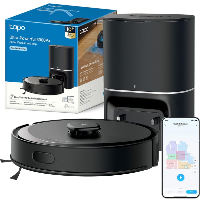 foto del prodotto tp link tapo rv30 max plus robot aspirapolvere lavapavimenti con mappatura 5300pa, svuotamento automatico polvere 3l, doppia navigazione lidar