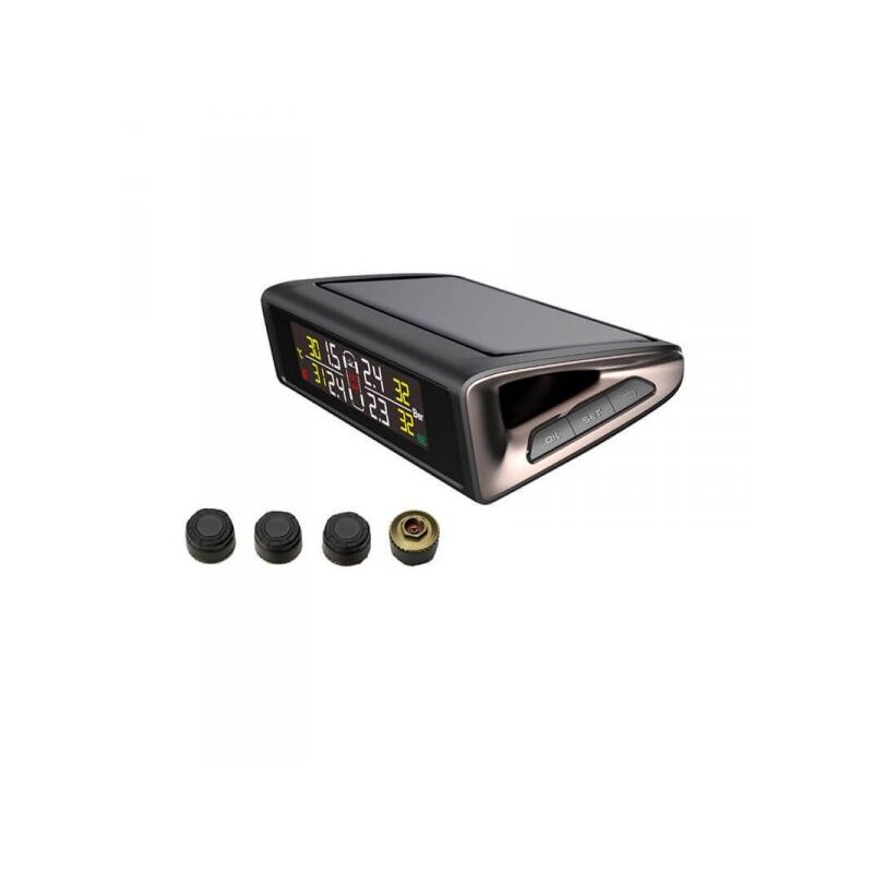 foto del prodotto tpms wireless pannello solare con 4 sensori esterni per privato sistema monitoraggio pressione pneumatici digitale