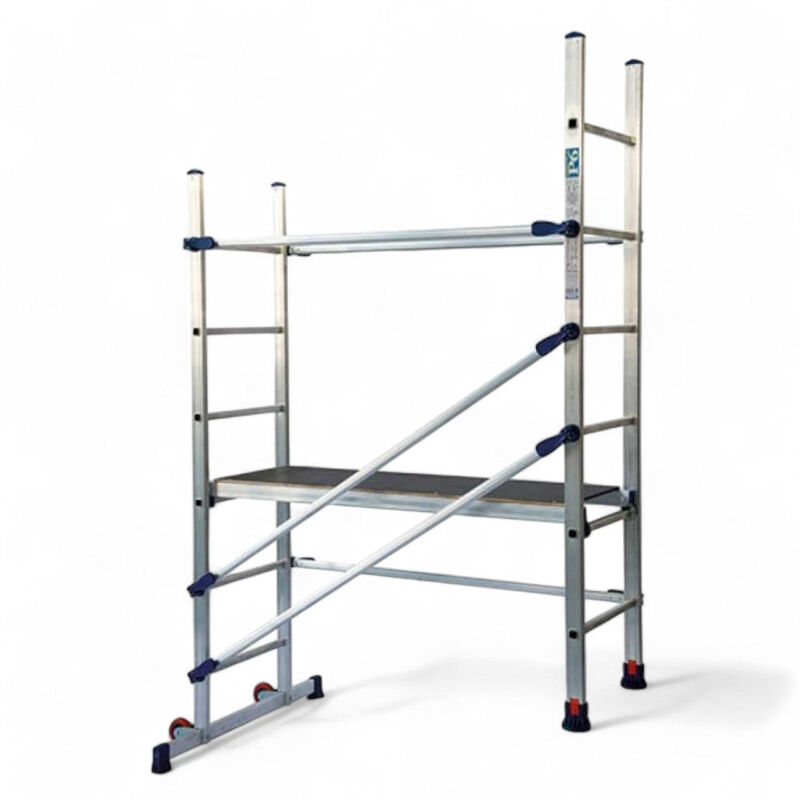foto del prodotto trabattello in alluminio per uso domestico con piano lavoro in legno ganci di sicurezza altezza max 290 cm capacit 120 kg